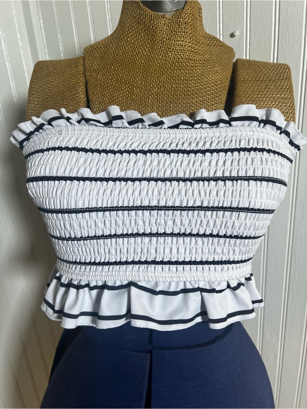 Smocked White and black Stripe Tube Top